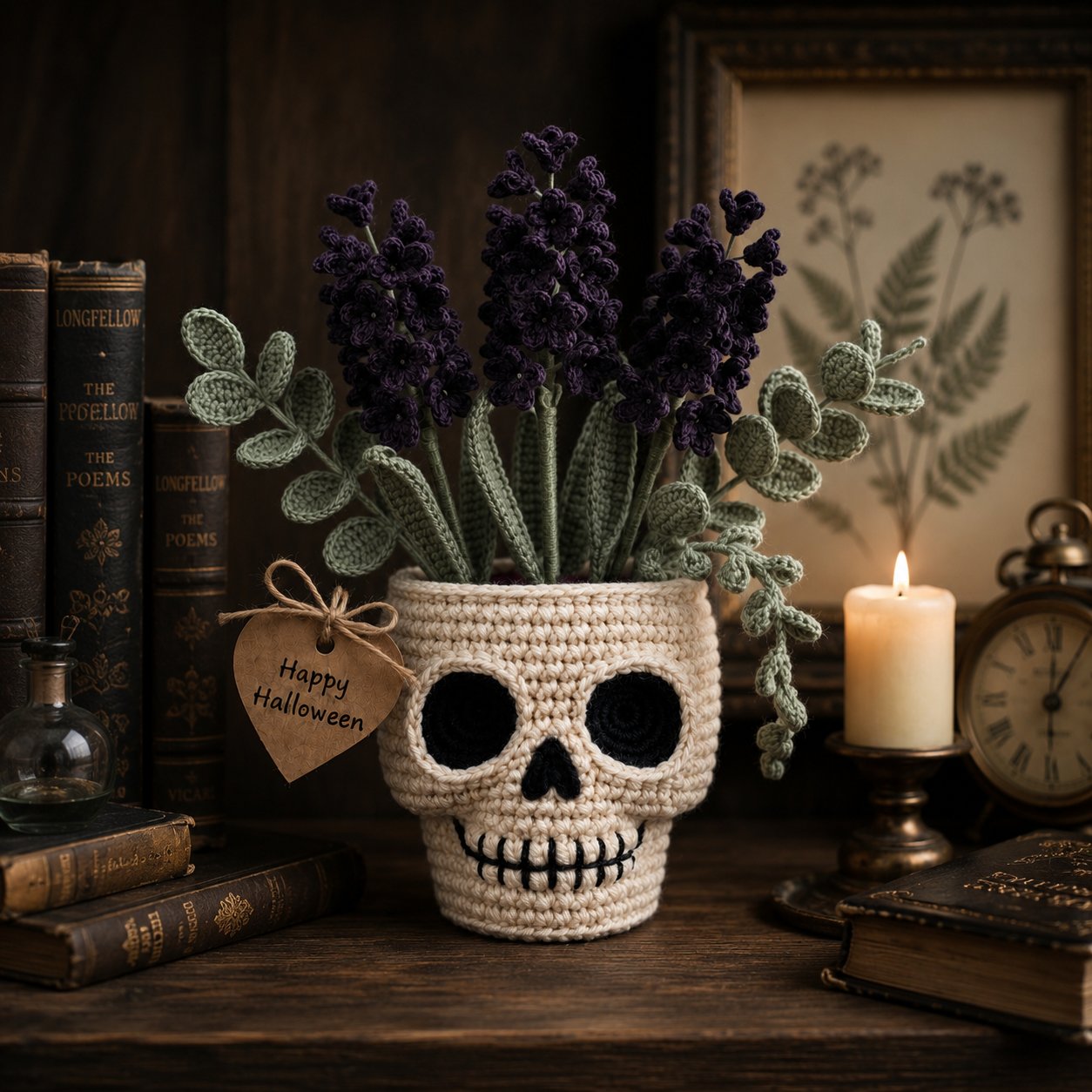 Handmade Crochet Skull Lavender Pot – Gothic Halloween Floral Decor & Gift