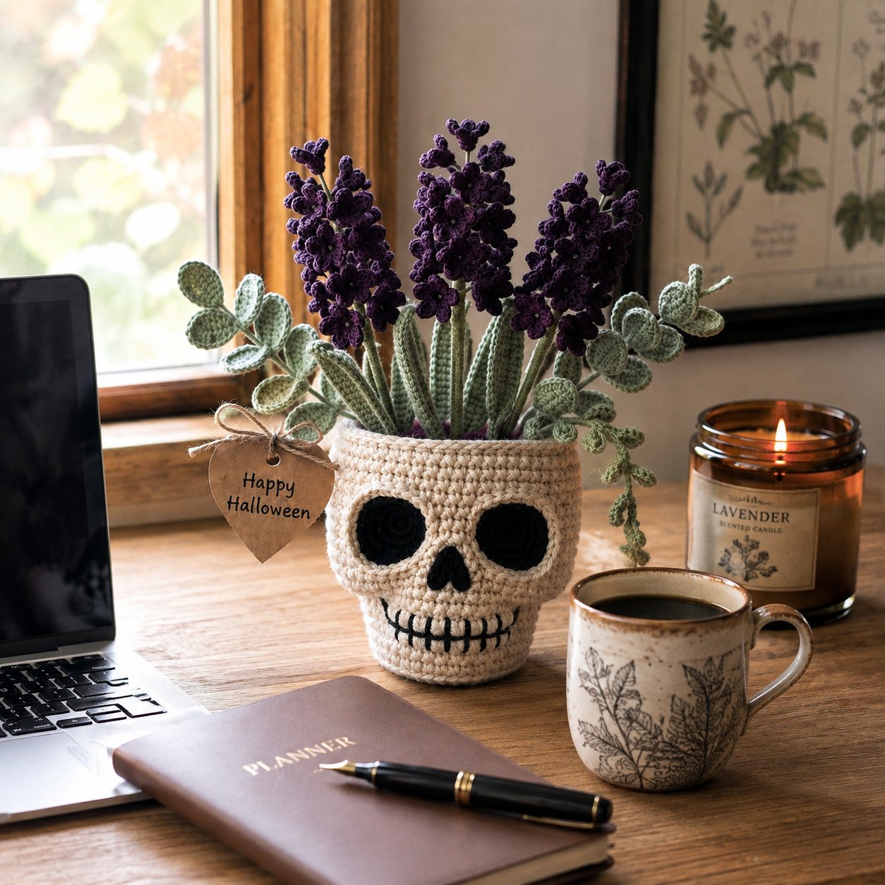 Handmade Crochet Skull Lavender Pot – Gothic Halloween Floral Decor & Gift