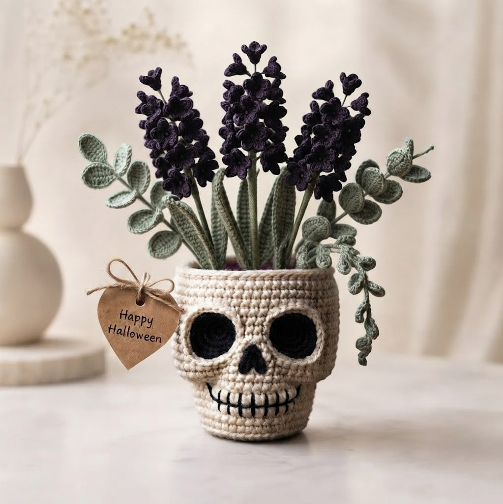 Handmade Crochet Skull Lavender Pot – Gothic Halloween Floral Decor & Gift