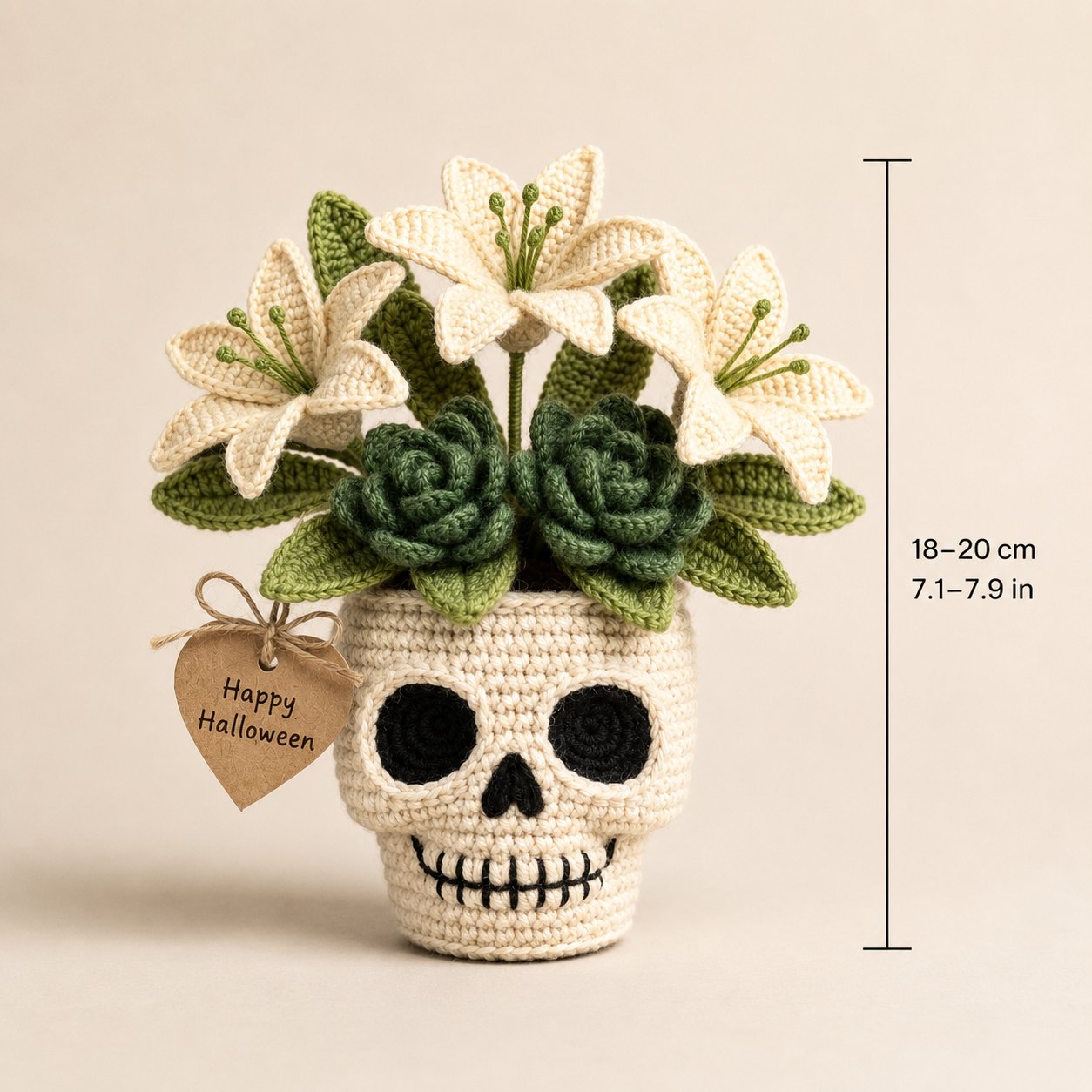 Handmade Crochet Skull Lily Flower Pot – Gothic Halloween Decor & Gift