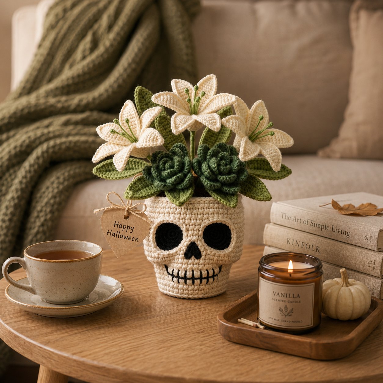 Handmade Crochet Skull Lily Flower Pot – Gothic Halloween Decor & Gift