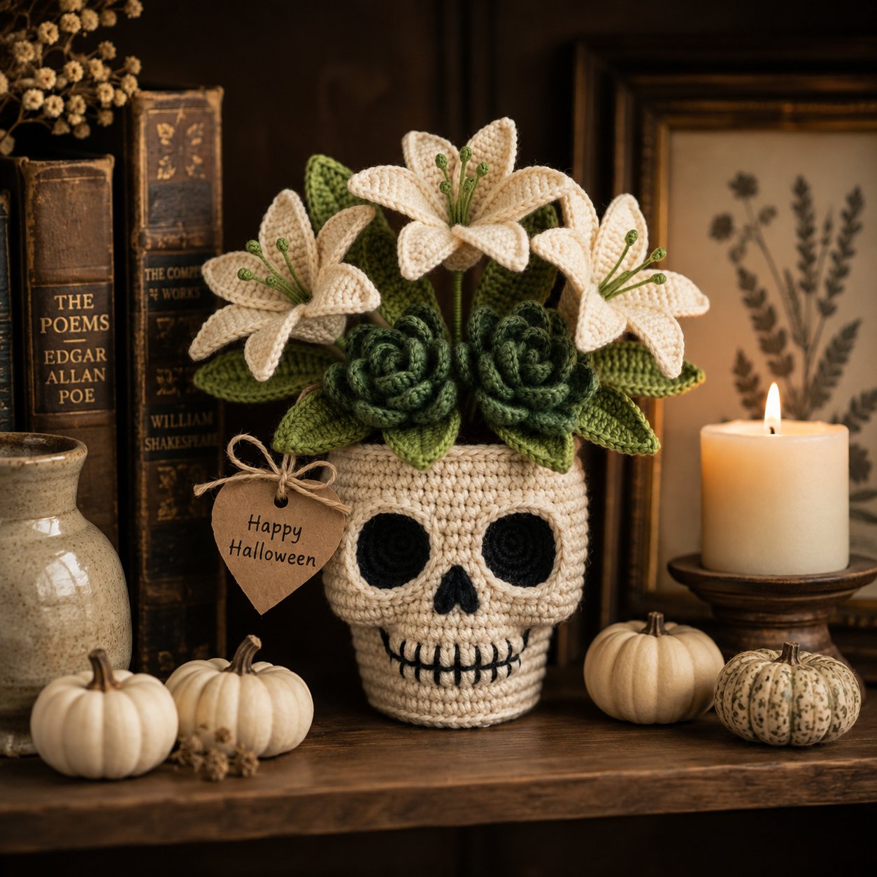 Handmade Crochet Skull Lily Flower Pot – Gothic Halloween Decor & Gift