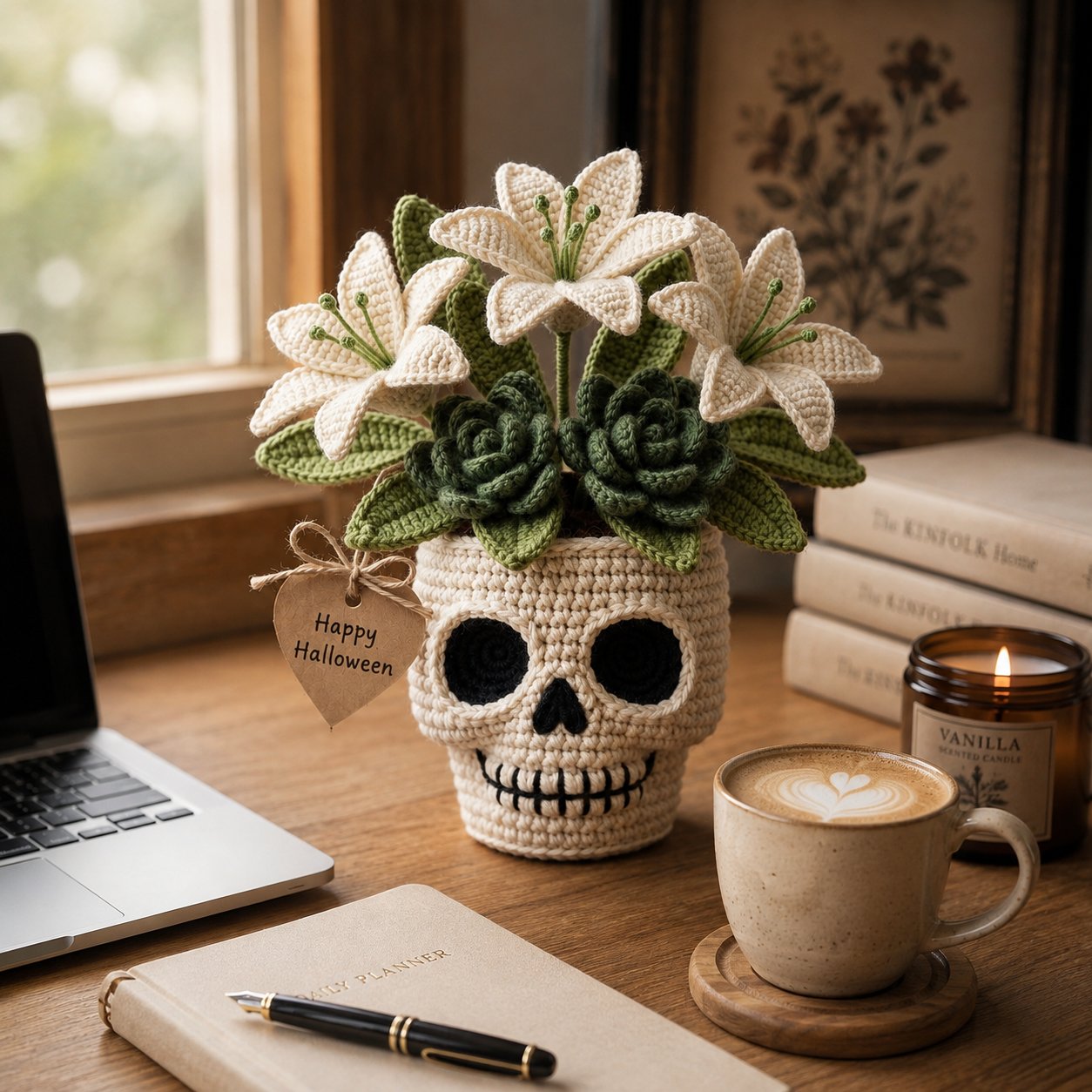 Handmade Crochet Skull Lily Flower Pot – Gothic Halloween Decor & Gift