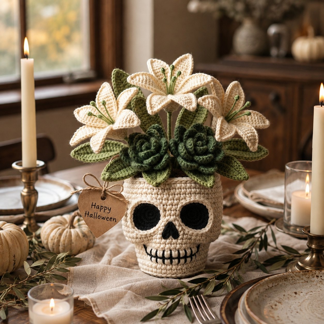 Handmade Crochet Skull Lily Flower Pot – Gothic Halloween Decor & Gift