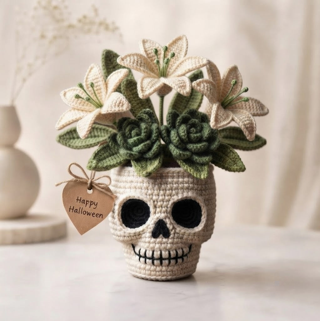 Handmade Crochet Skull Lily Flower Pot – Gothic Halloween Decor & Gift