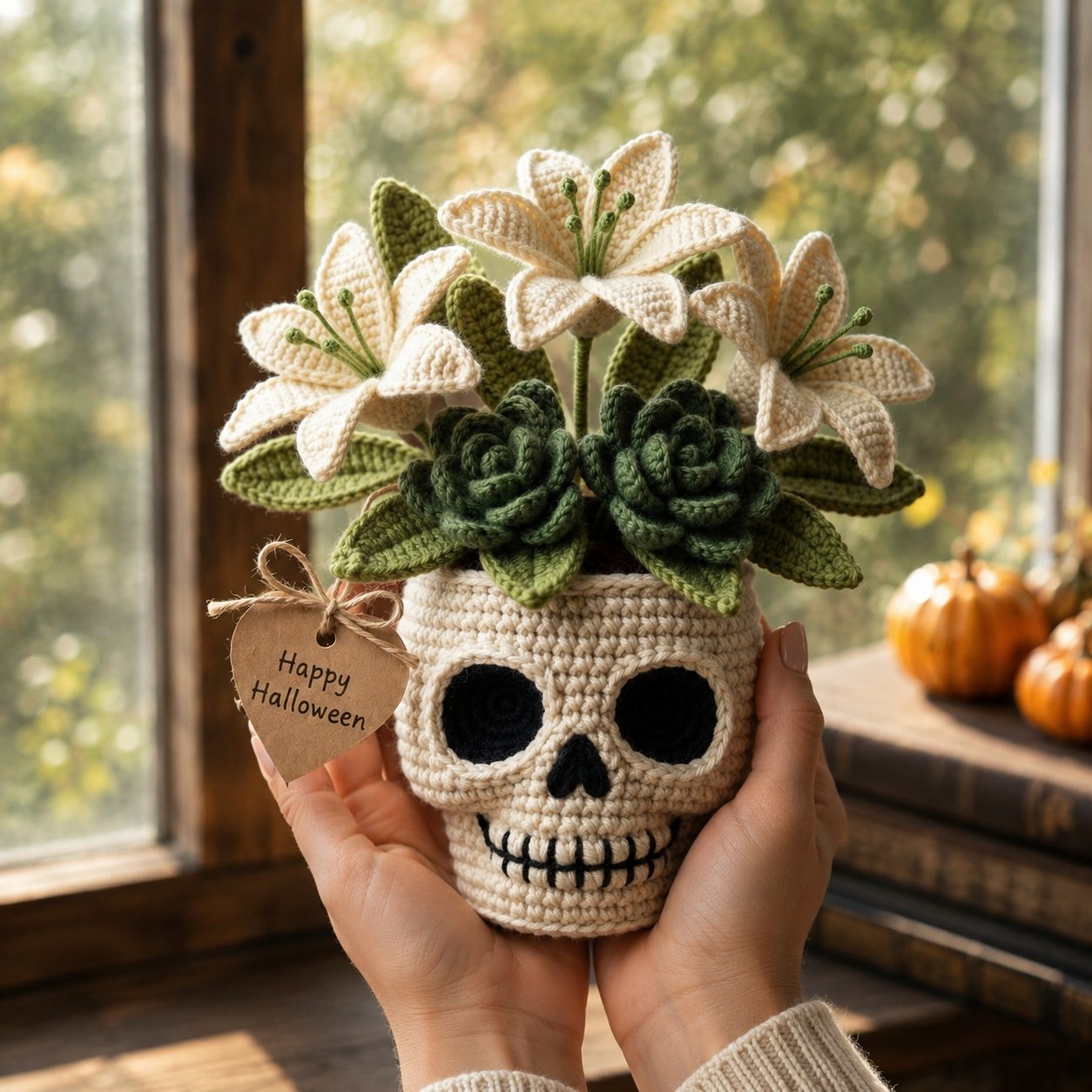 Handmade Crochet Skull Lily Flower Pot – Gothic Halloween Decor & Gift