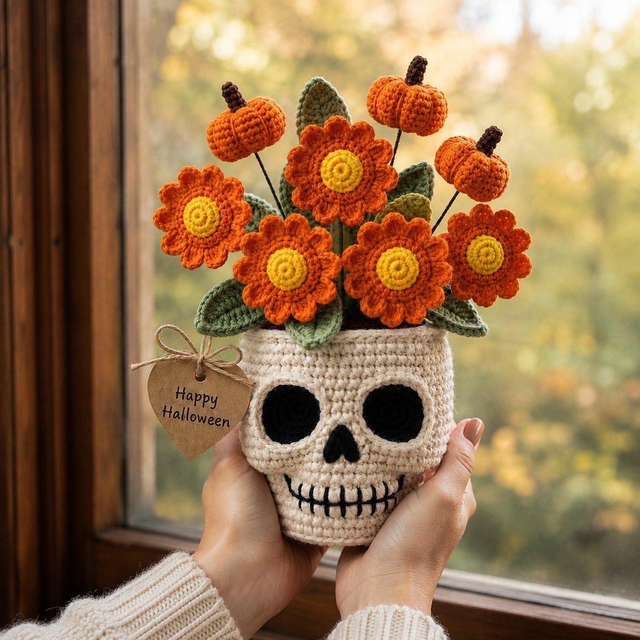 Handmade Crochet Skull Pumpkin Flower Pot – Halloween Floral Decor & Gift