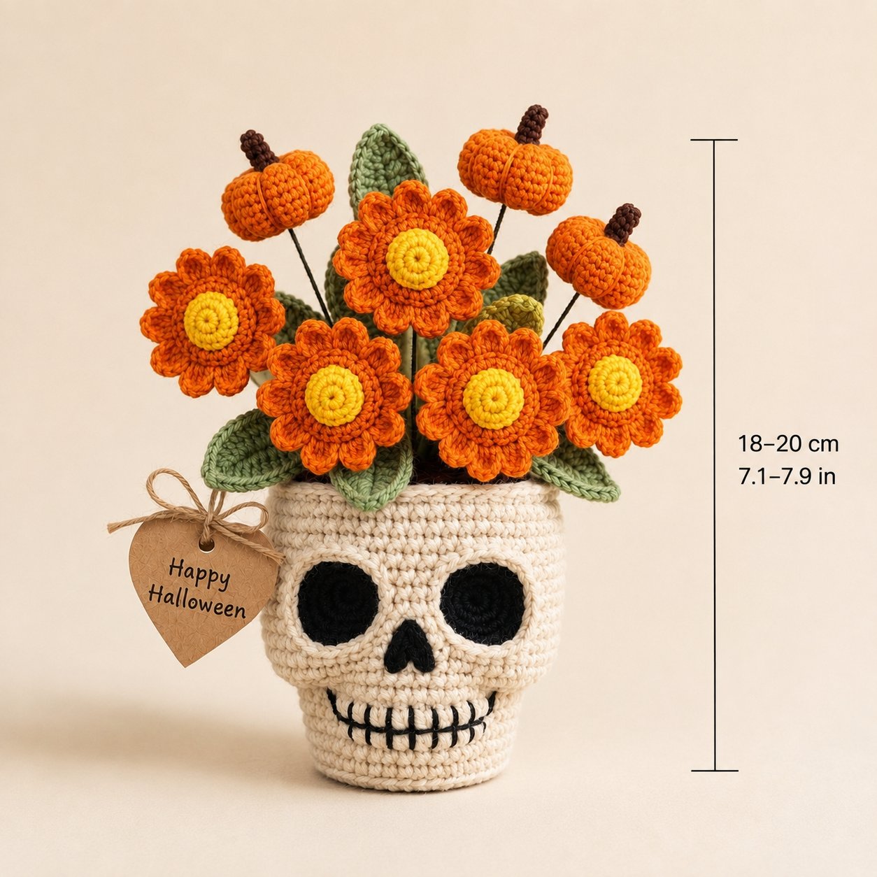 Handmade Crochet Skull Pumpkin Flower Pot – Halloween Floral Decor & Gift