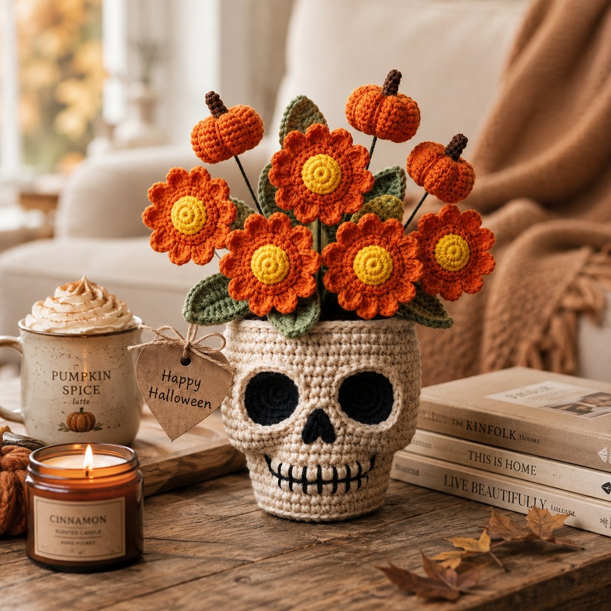 Handmade Crochet Skull Pumpkin Flower Pot – Halloween Floral Decor & Gift