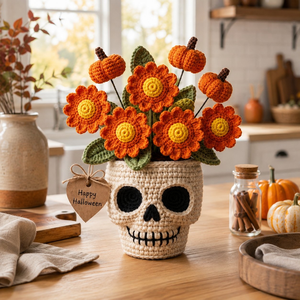 Handmade Crochet Skull Pumpkin Flower Pot – Halloween Floral Decor & Gift