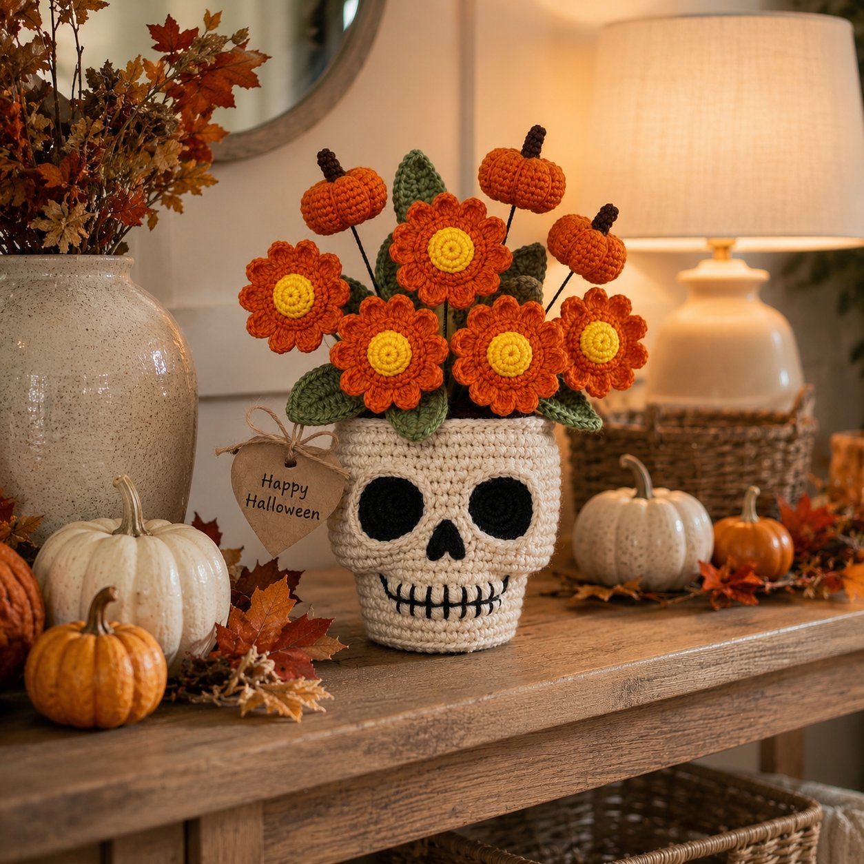 Handmade Crochet Skull Pumpkin Flower Pot – Halloween Floral Decor & Gift
