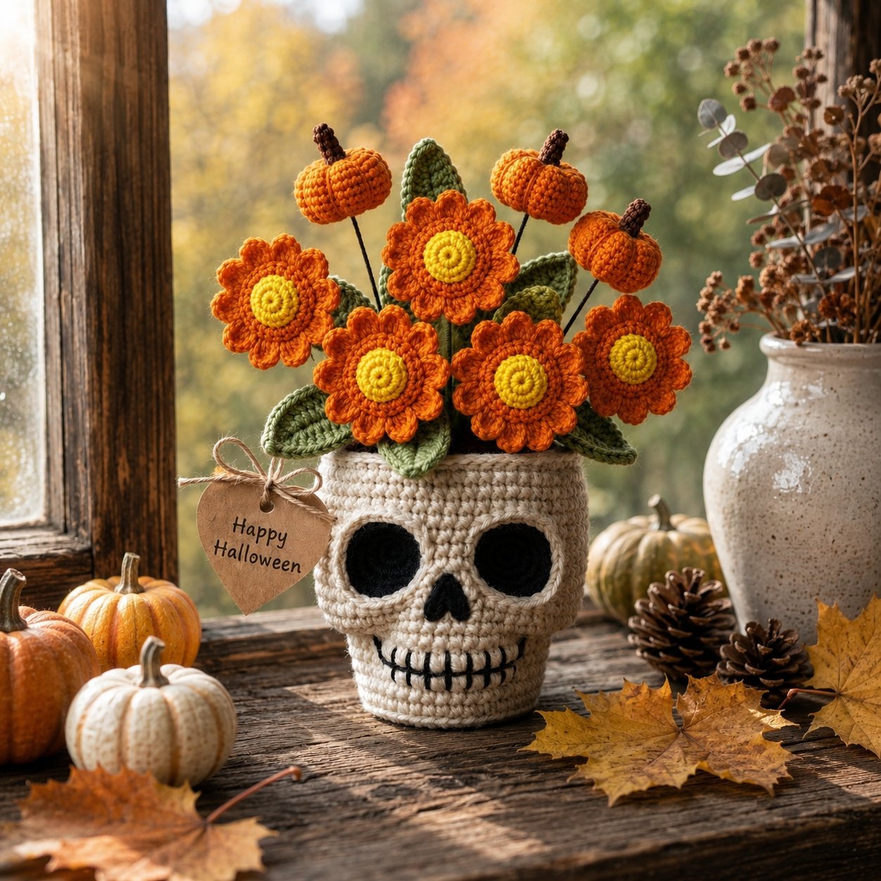 Handmade Crochet Skull Pumpkin Flower Pot – Halloween Floral Decor & Gift
