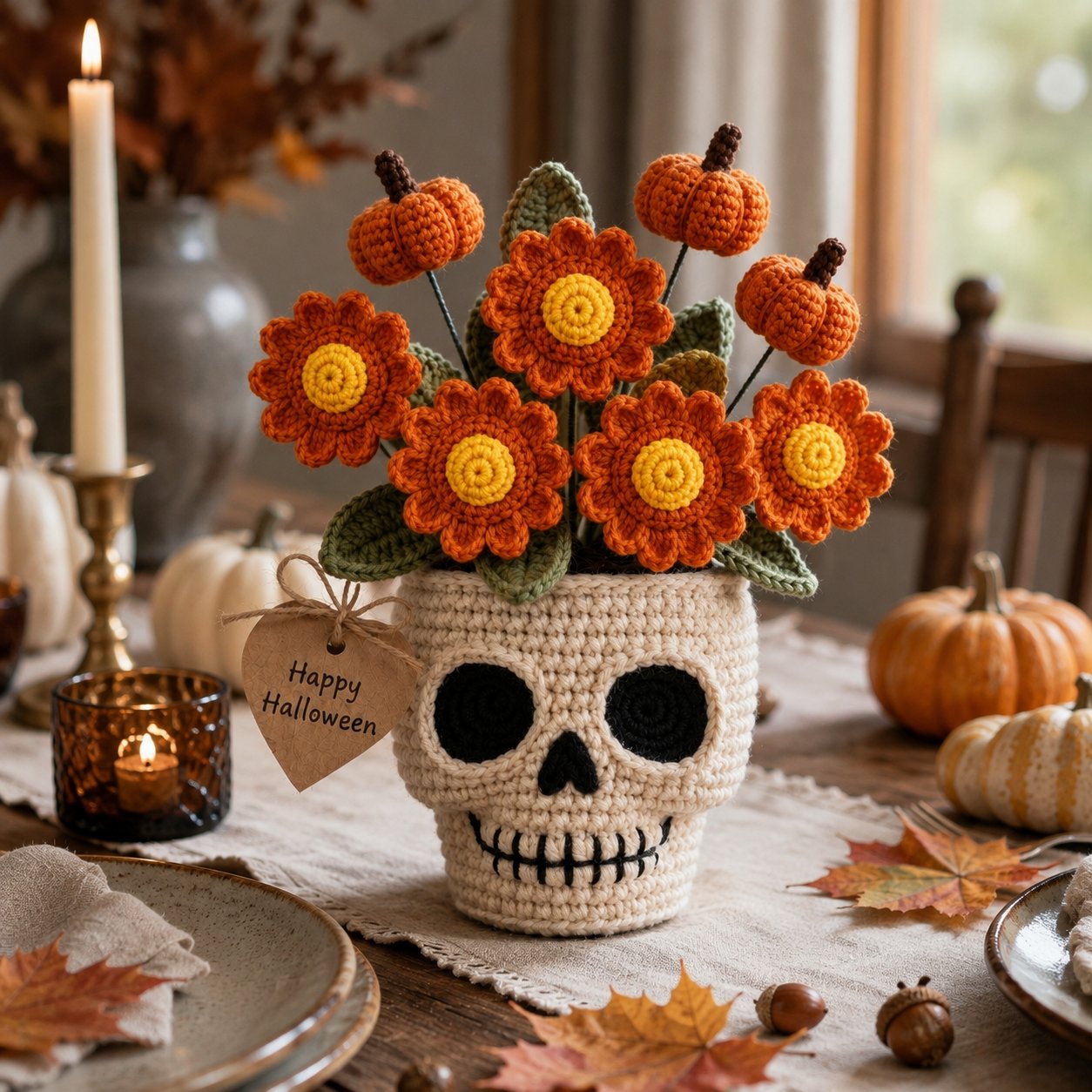 Handmade Crochet Skull Pumpkin Flower Pot – Halloween Floral Decor & Gift