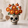 Handmade Crochet Skull Pumpkin Flower Pot – Halloween Floral Decor & Gift