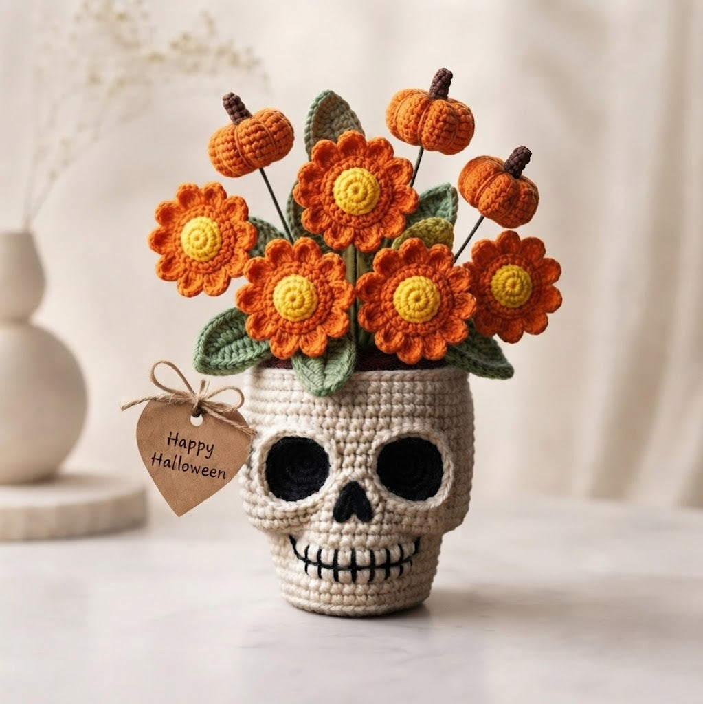 Handmade Crochet Skull Pumpkin Flower Pot – Halloween Floral Decor & Gift