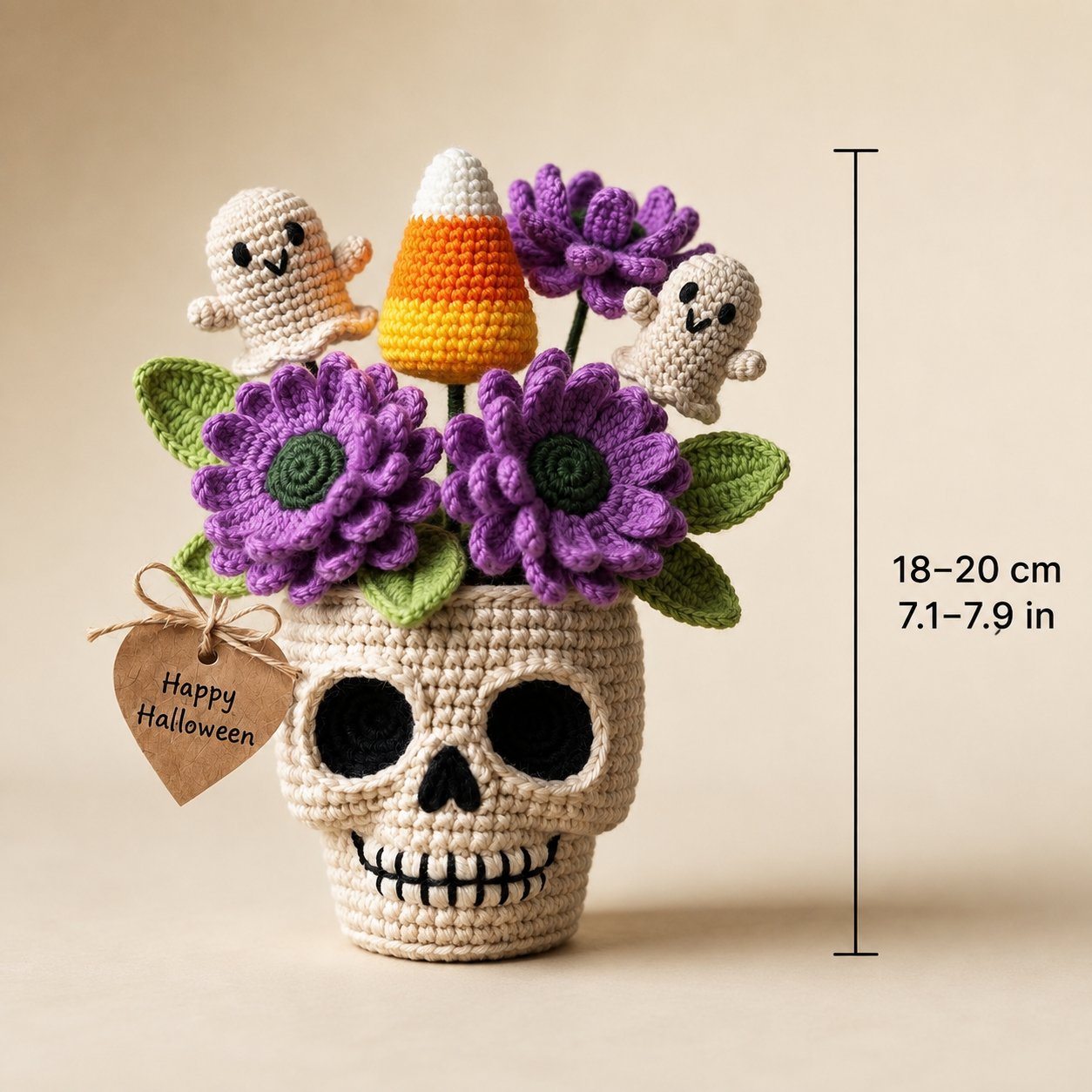 Handmade Crochet Skull Halloween Flower Pot – Ghost & Candy Corn Decor