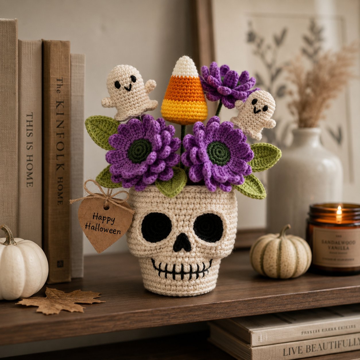Handmade Crochet Skull Halloween Flower Pot – Ghost & Candy Corn Decor