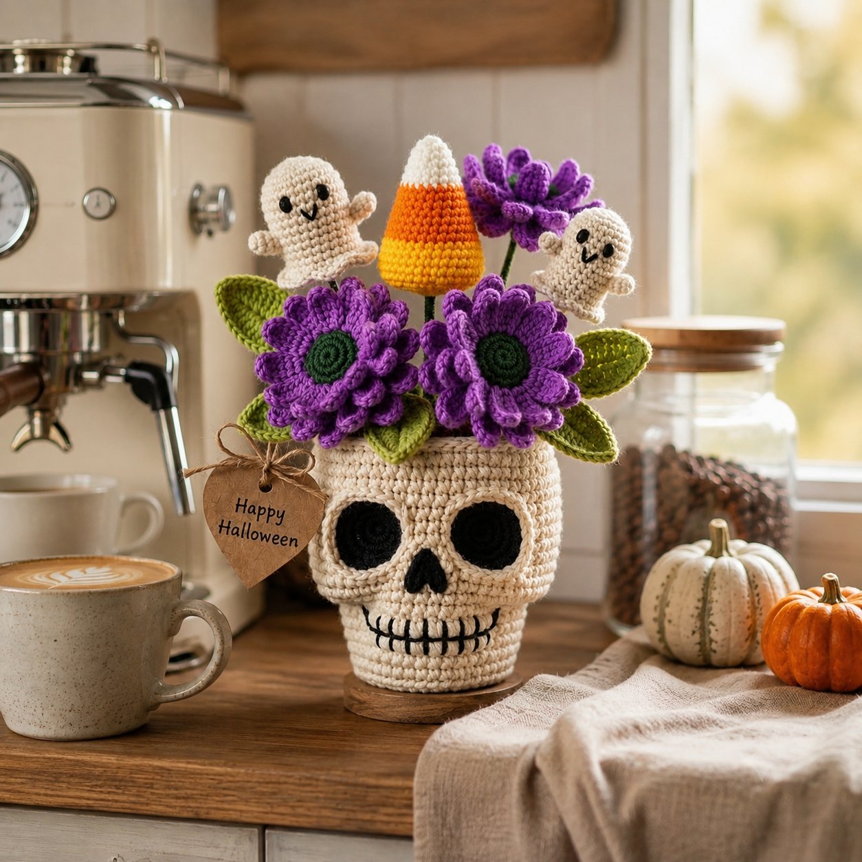 Handmade Crochet Skull Halloween Flower Pot – Ghost & Candy Corn Decor