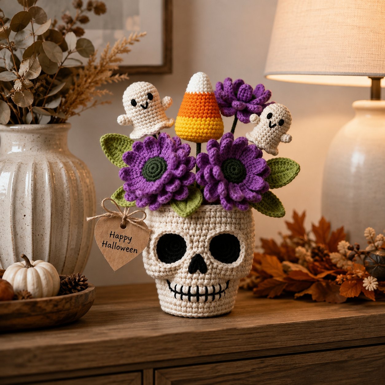 Handmade Crochet Skull Halloween Flower Pot – Ghost & Candy Corn Decor