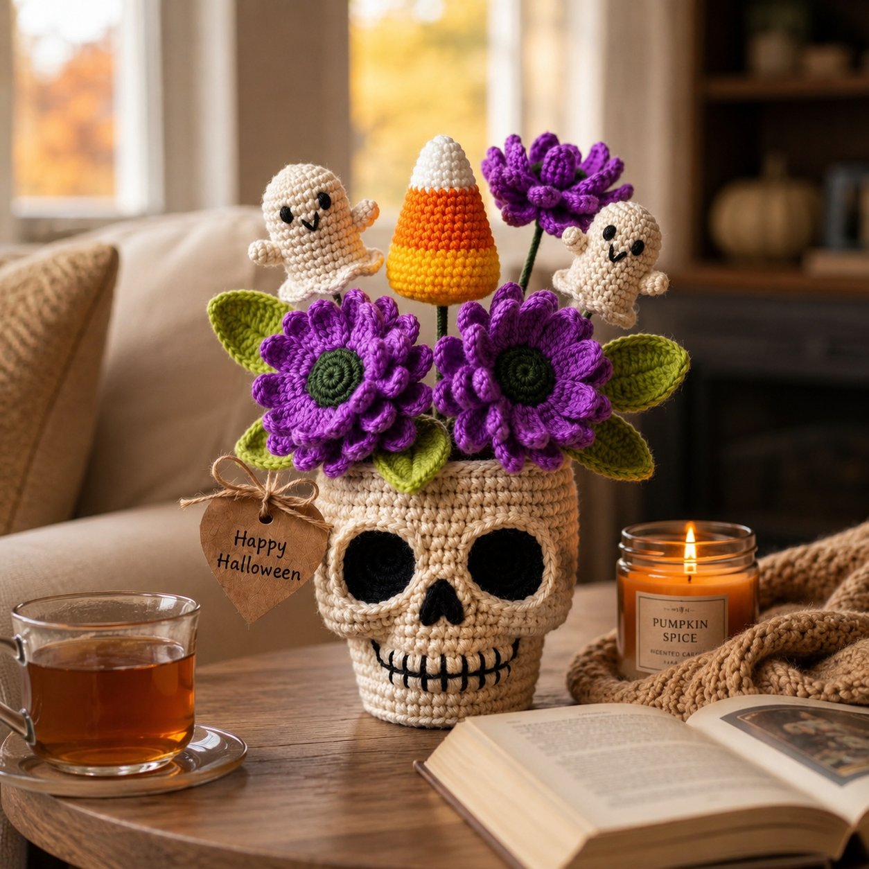 Handmade Crochet Skull Halloween Flower Pot – Ghost & Candy Corn Decor