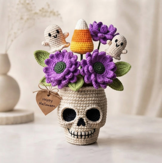 Handmade Crochet Skull Halloween Flower Pot – Ghost & Candy Corn Decor