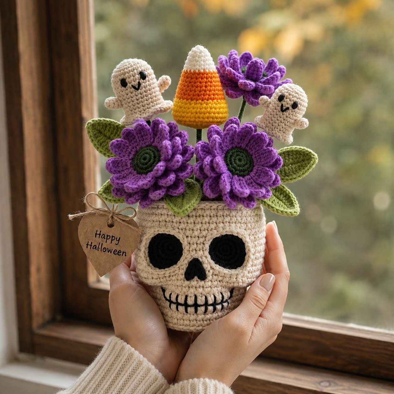 Handmade Crochet Skull Halloween Flower Pot – Ghost & Candy Corn Decor