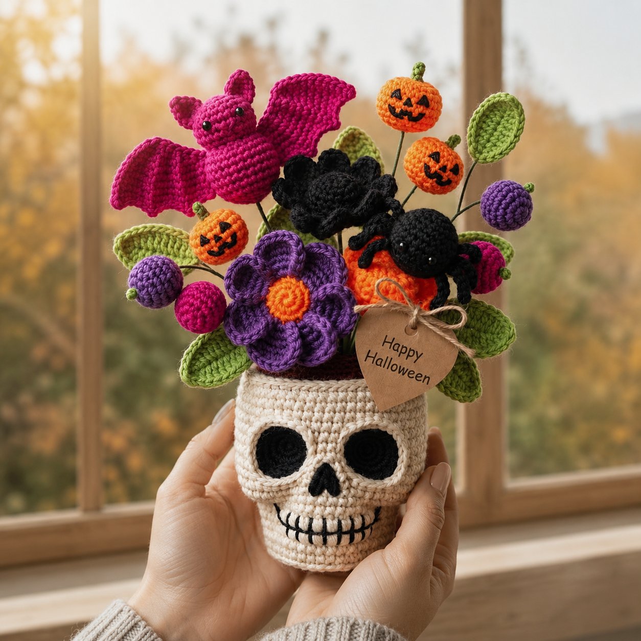 Handmade Crochet Skull Halloween Flower Pot – Bat, Spider & Pumpkin Decor