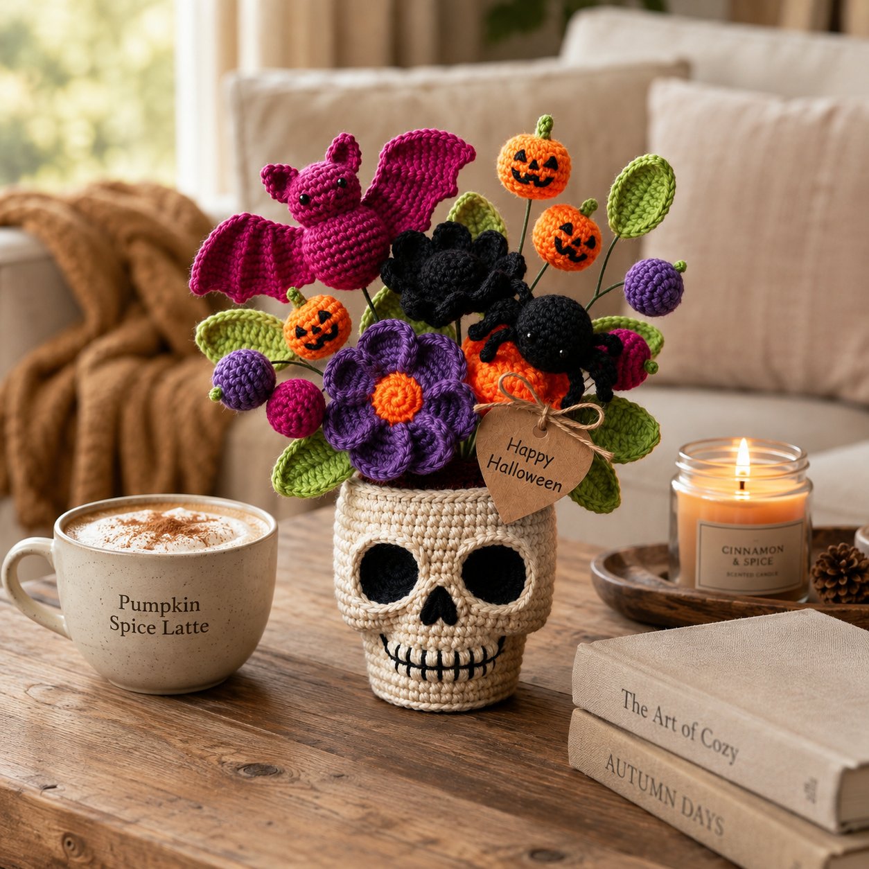 Handmade Crochet Skull Halloween Flower Pot – Bat, Spider & Pumpkin Decor