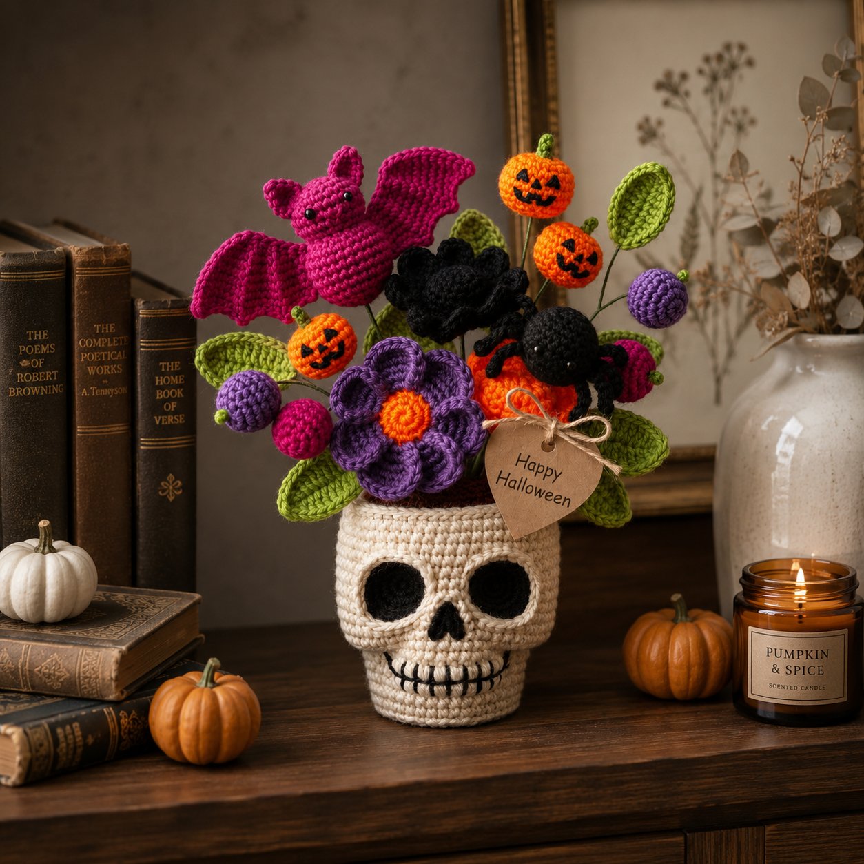 Handmade Crochet Skull Halloween Flower Pot – Bat, Spider & Pumpkin Decor