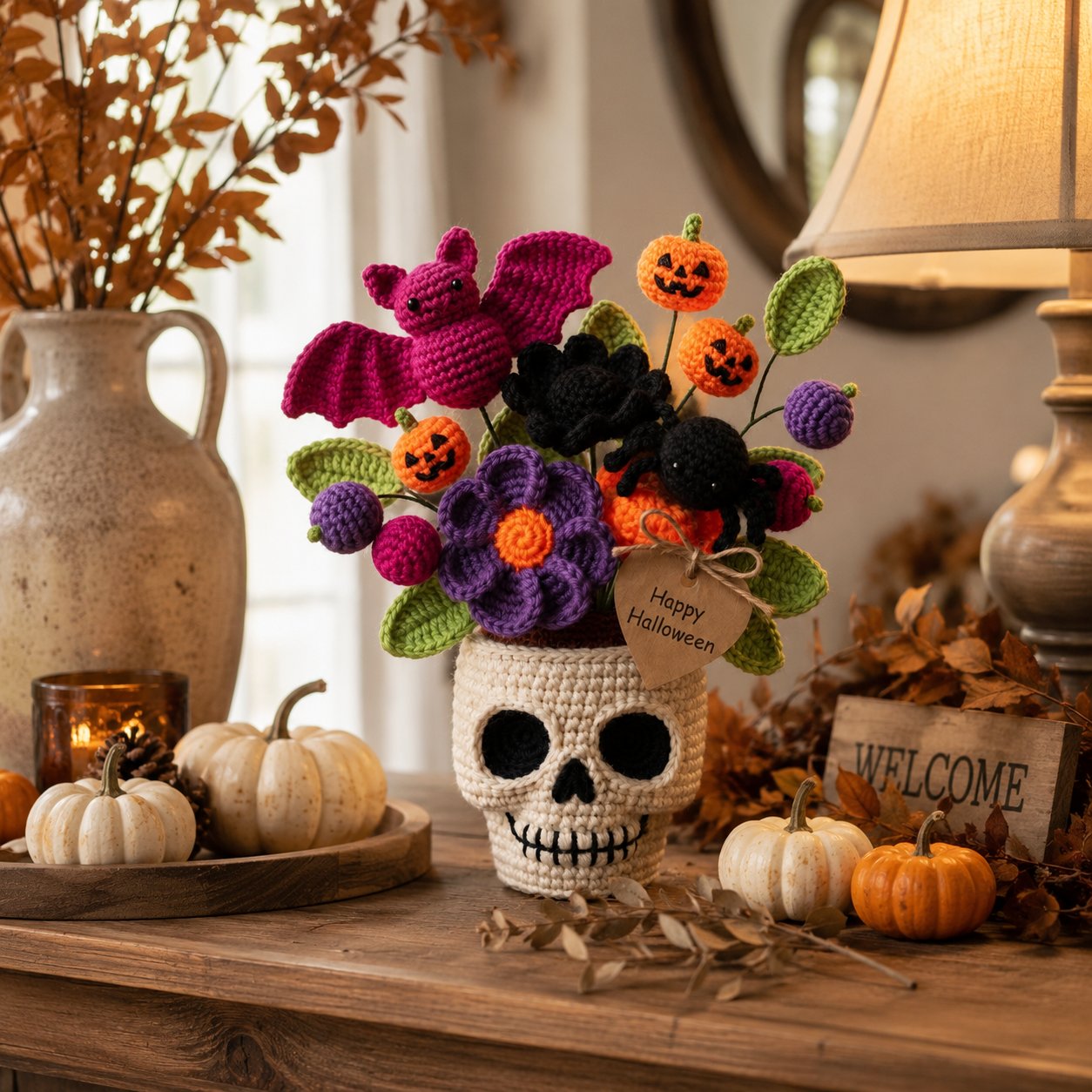 Handmade Crochet Skull Halloween Flower Pot – Bat, Spider & Pumpkin Decor
