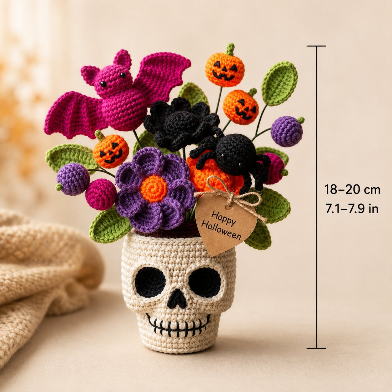 Handmade Crochet Skull Halloween Flower Pot – Bat, Spider & Pumpkin Decor