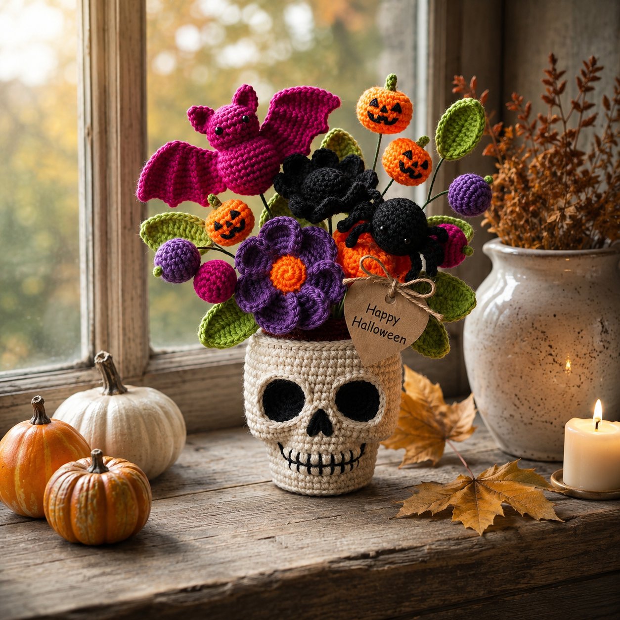 Handmade Crochet Skull Halloween Flower Pot – Bat, Spider & Pumpkin Decor