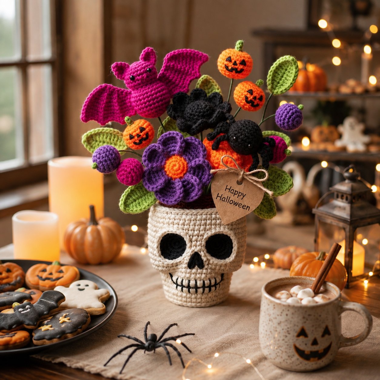 Handmade Crochet Skull Halloween Flower Pot – Bat, Spider & Pumpkin Decor