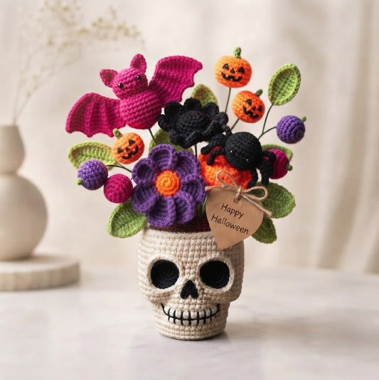 Handmade Crochet Skull Halloween Flower Pot – Bat, Spider & Pumpkin Decor