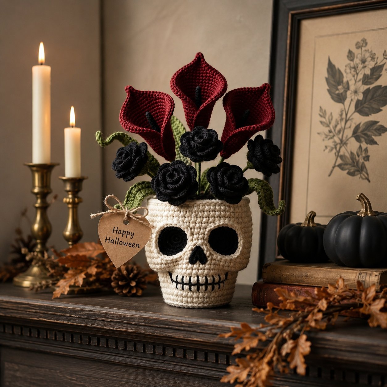 Handmade Crochet Skull Calla Lily Flower Pot – Gothic Halloween Decor & Gift