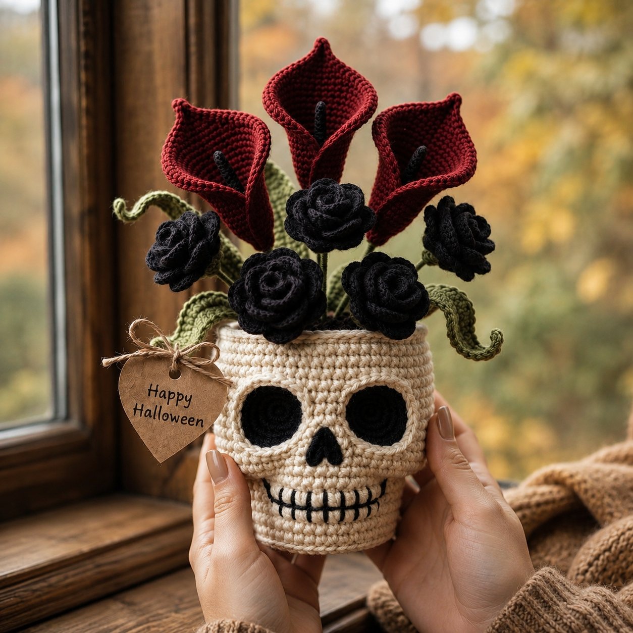 Handmade Crochet Skull Calla Lily Flower Pot – Gothic Halloween Decor & Gift