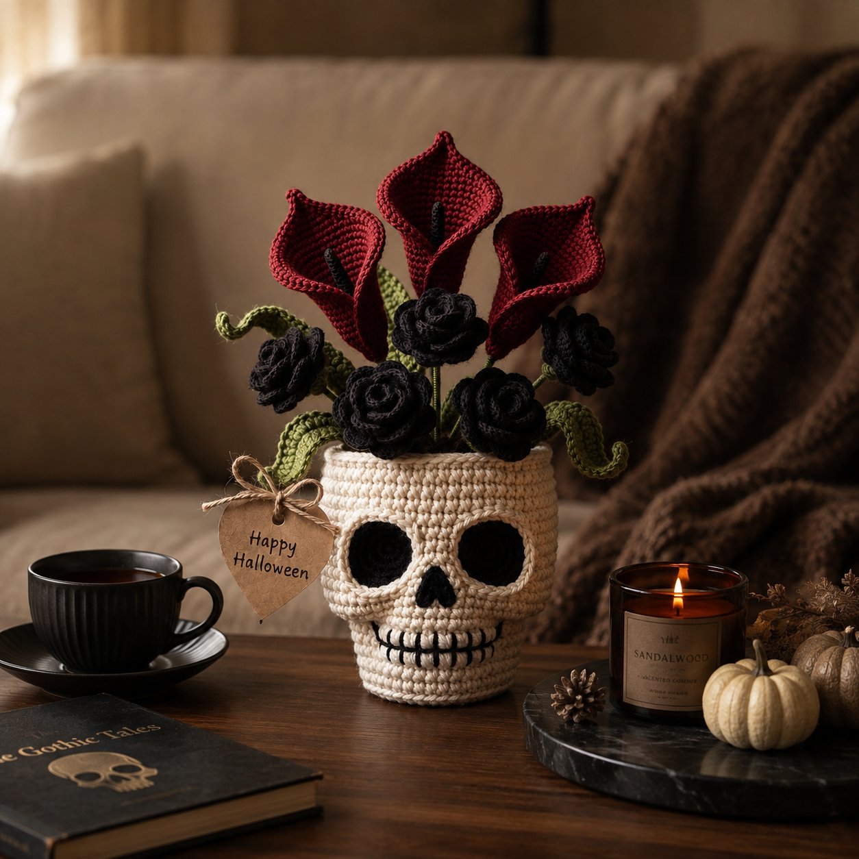 Handmade Crochet Skull Calla Lily Flower Pot – Gothic Halloween Decor & Gift