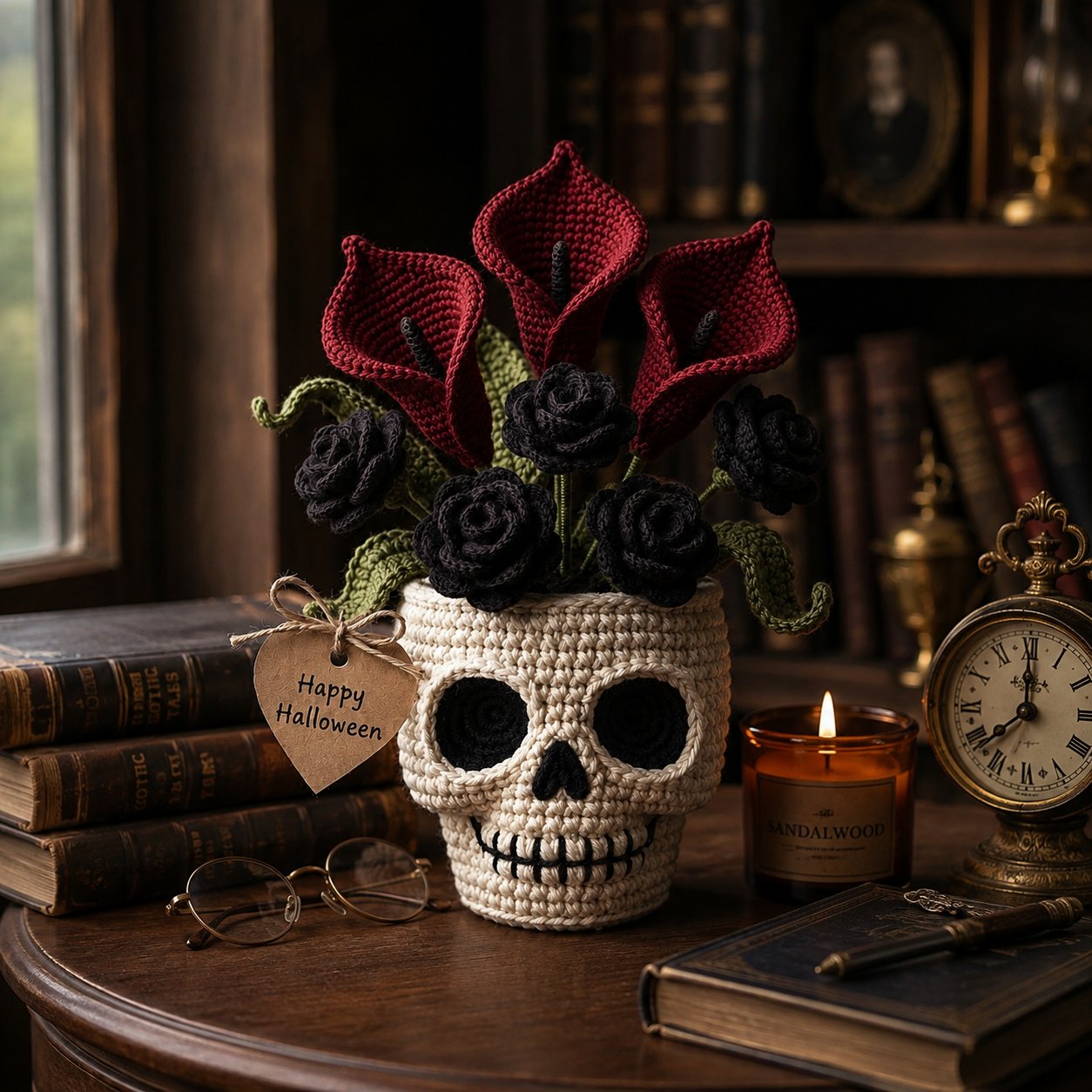 Handmade Crochet Skull Calla Lily Flower Pot – Gothic Halloween Decor & Gift