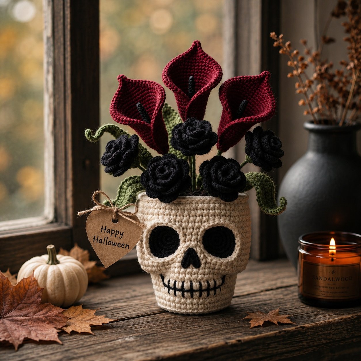 Handmade Crochet Skull Calla Lily Flower Pot – Gothic Halloween Decor & Gift