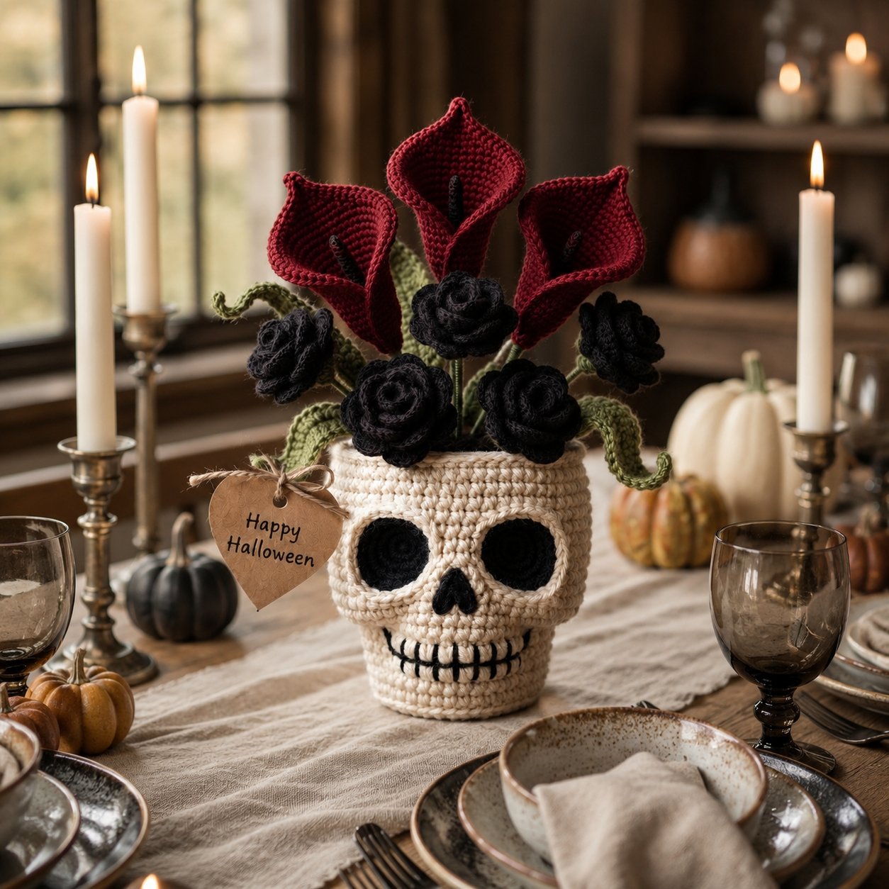 Handmade Crochet Skull Calla Lily Flower Pot – Gothic Halloween Decor & Gift