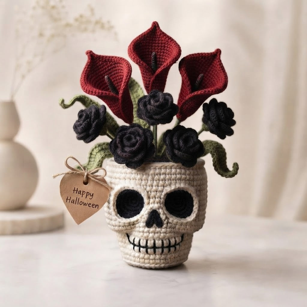 Handmade Crochet Skull Calla Lily Flower Pot – Gothic Halloween Decor & Gift