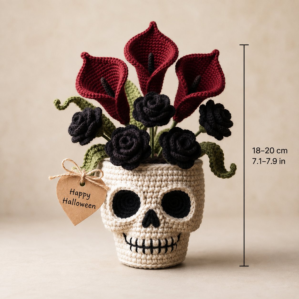 Handmade Crochet Skull Calla Lily Flower Pot – Gothic Halloween Decor & Gift