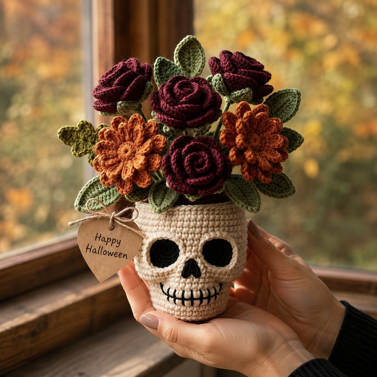 Handmade Crochet Skull Rose Flower Pot – Gothic Halloween Floral Decor & Gift