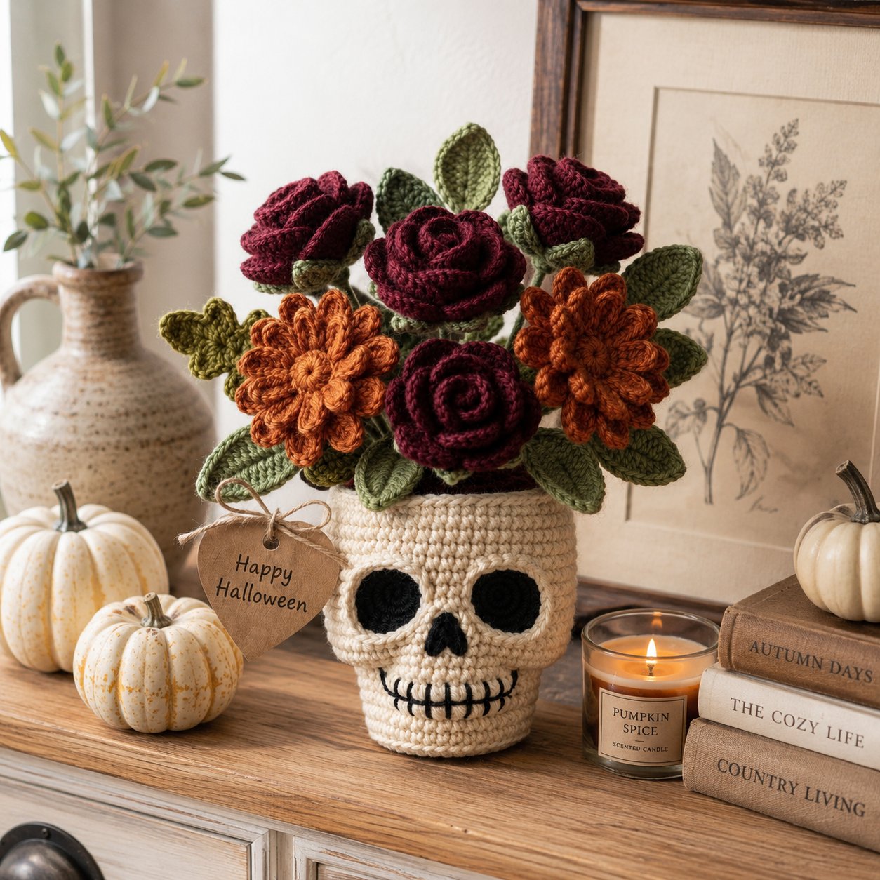 Handmade Crochet Skull Rose Flower Pot – Gothic Halloween Floral Decor & Gift