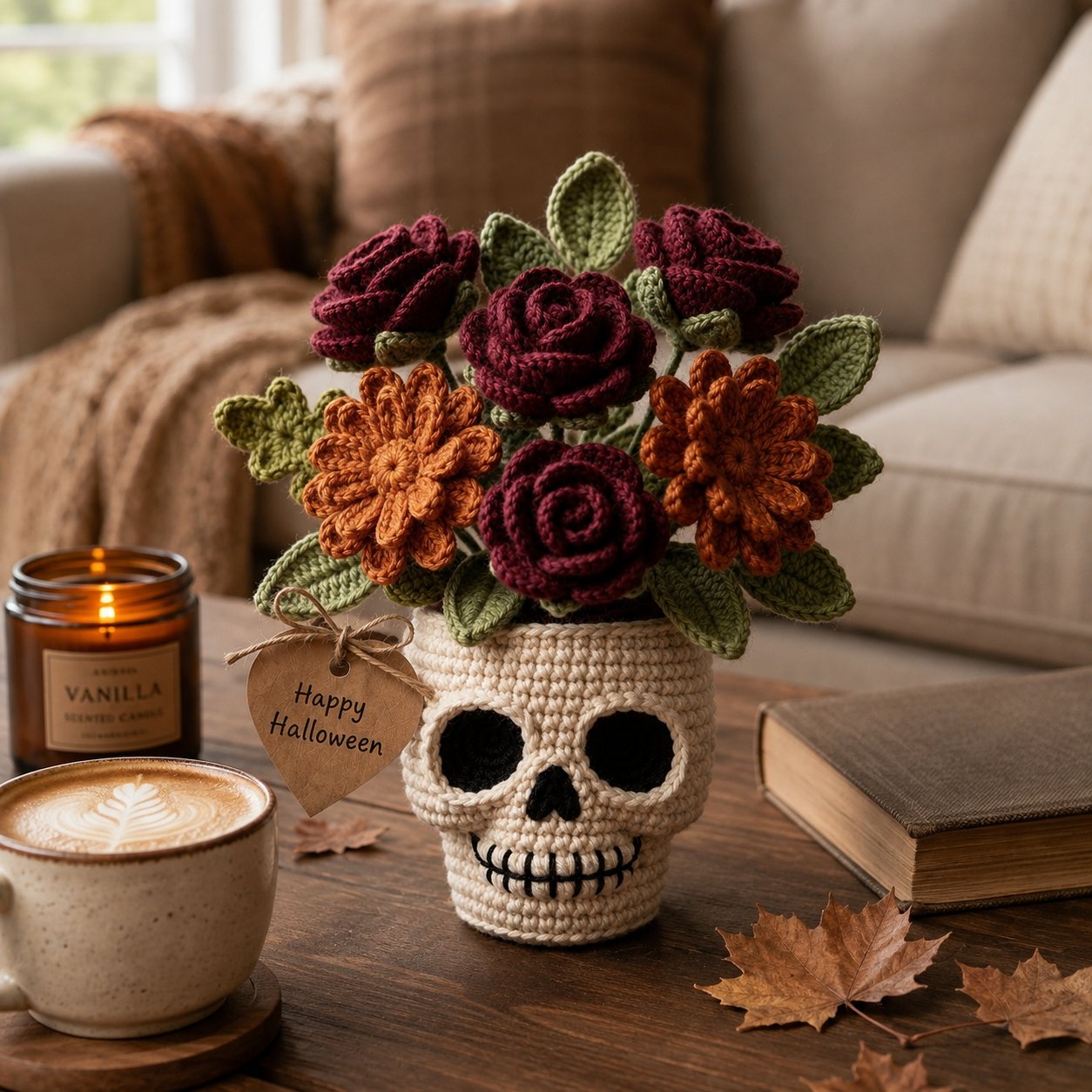 Handmade Crochet Skull Rose Flower Pot – Gothic Halloween Floral Decor & Gift