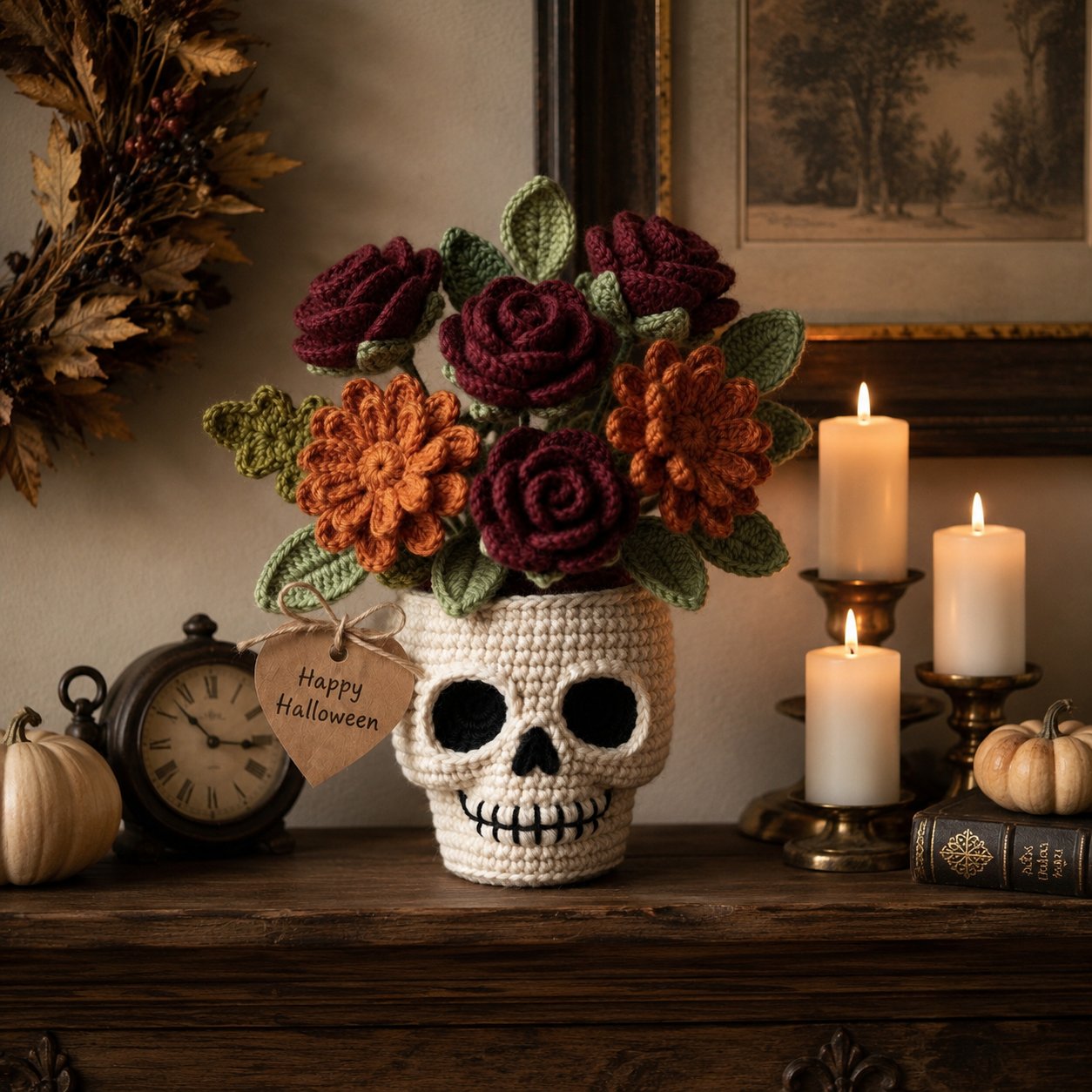 Handmade Crochet Skull Rose Flower Pot – Gothic Halloween Floral Decor & Gift