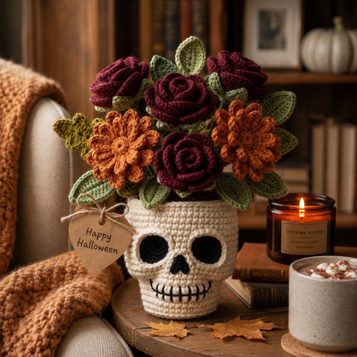 Handmade Crochet Skull Rose Flower Pot – Gothic Halloween Floral Decor & Gift