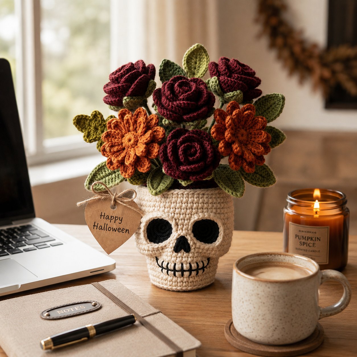 Handmade Crochet Skull Rose Flower Pot – Gothic Halloween Floral Decor & Gift