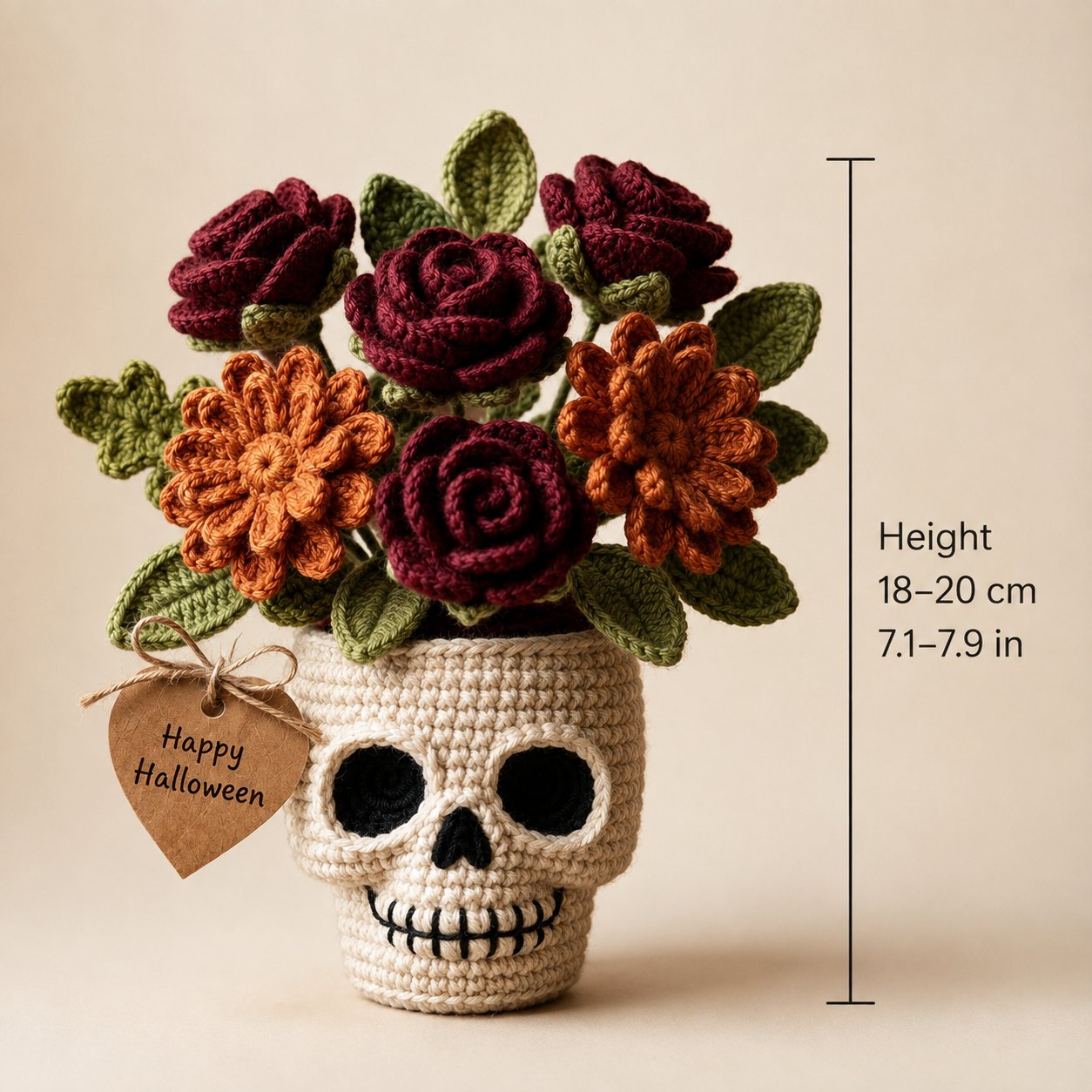 Handmade Crochet Skull Rose Flower Pot – Gothic Halloween Floral Decor & Gift