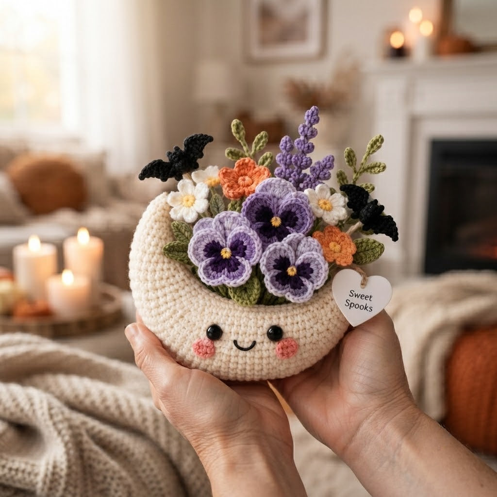Handmade Crochet Moon Flower Arrangement – Halloween Floral Decor & Gift